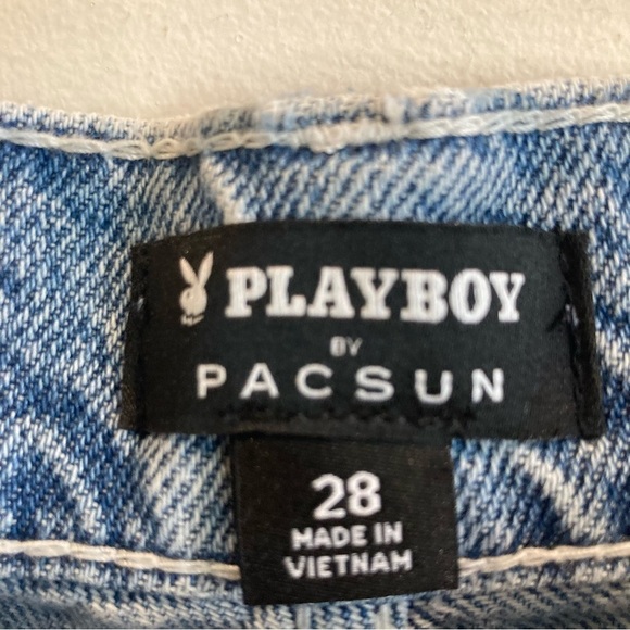 PACSUN PLAYBOY Sz 28 High Rise Distressed Wide Leg Appliqué Light Wash Jeans NEW - Picture 13 of 15
